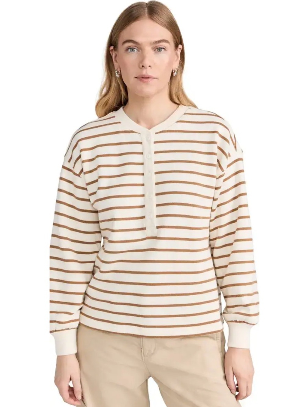 Rails Joan Striped Henley Sweater in Cream and Brown